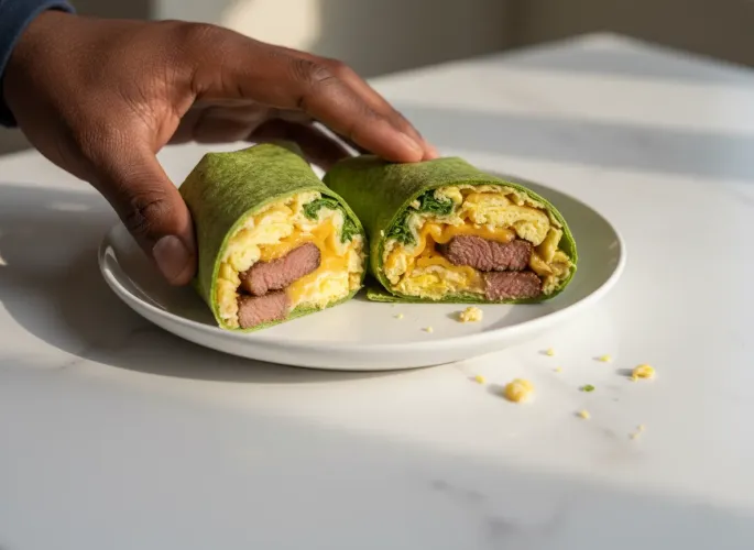Steak egg and cheese wrap in spinach